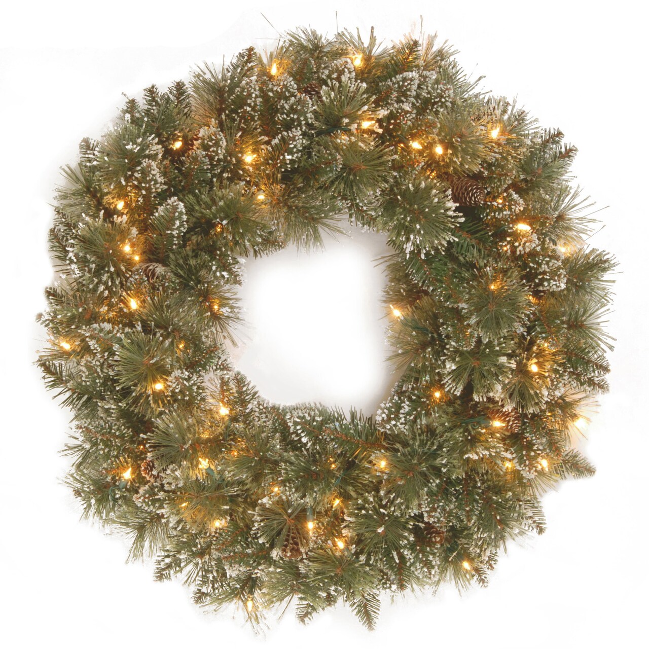 National Tree Company Pre-Lit Artificial Christmas Wreath, Green, Glittery Bristle Pine, White Lights, Decorated with Frosted Branches, Pine Cones, Christmas Collection, 24 Inches